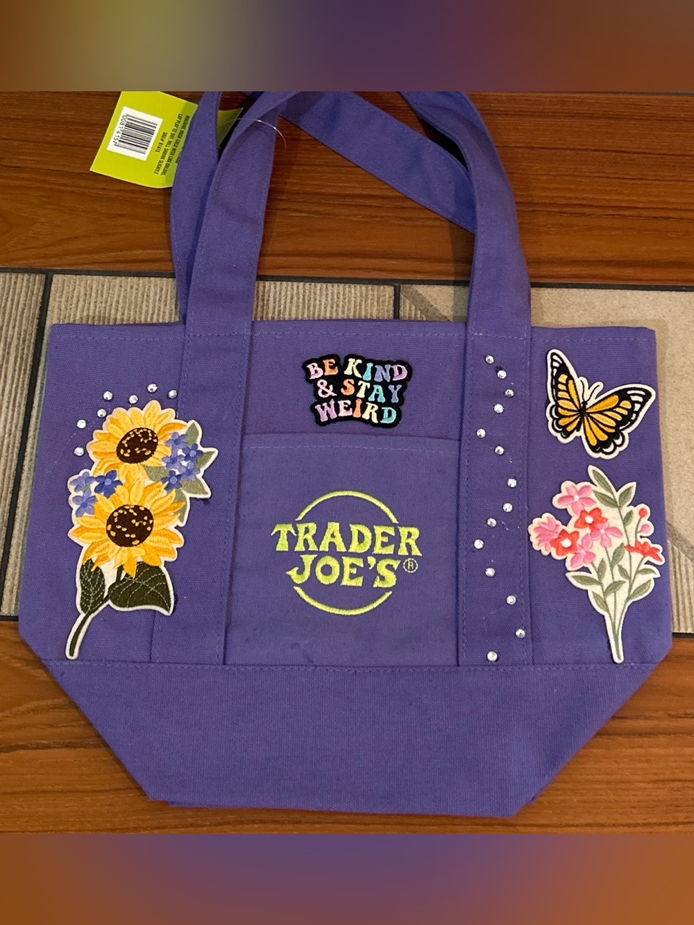 Trader Joe's Purple Canvas Tote Bag with Floral & Butterfly Appliqués